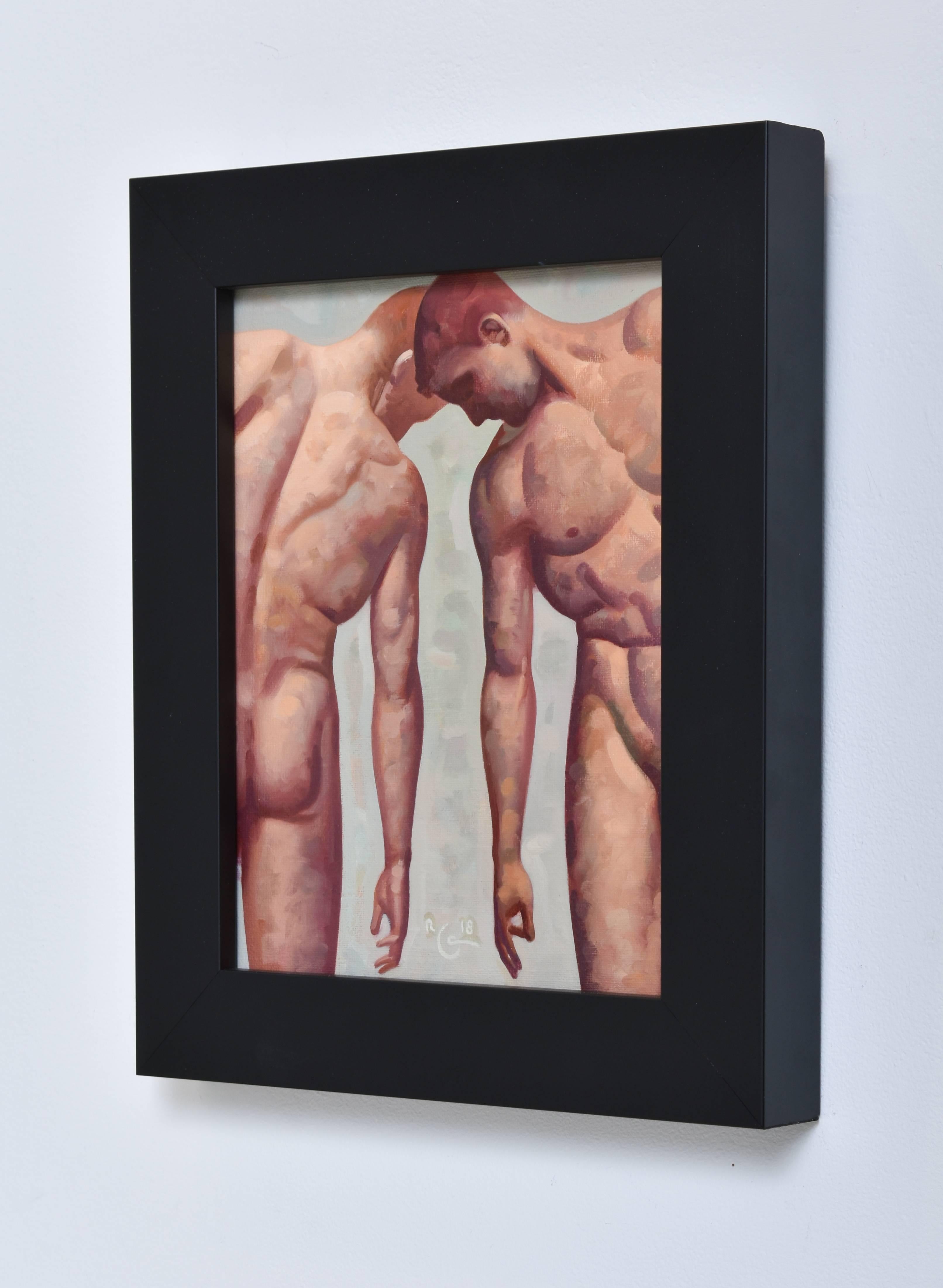 Figurative oil painting of two nude male models on linen board
10 x 8 inches unframed, 13 x 11 x 1.5 inches in black frame

This contemporary figurative painting is one in a series of Anatomy Paintings created by the artist in 2018. Goldstrom