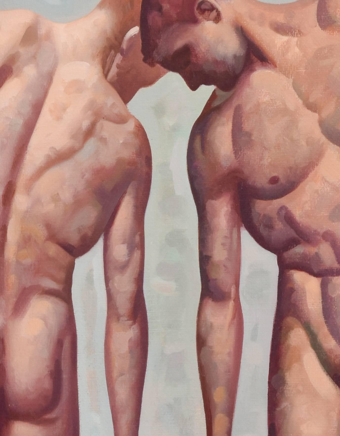Anatomy Study 35 (Small Figurative Painting of Two Nude Male Models on Green) 1