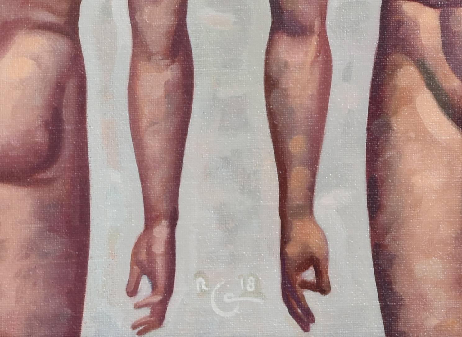 Anatomy Study 35 (Small Figurative Painting of Two Nude Male Models on Green) 2