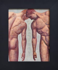 Étude d'anatomie 35 (petite peinture figurative de deux modèles masculins nus sur vert)