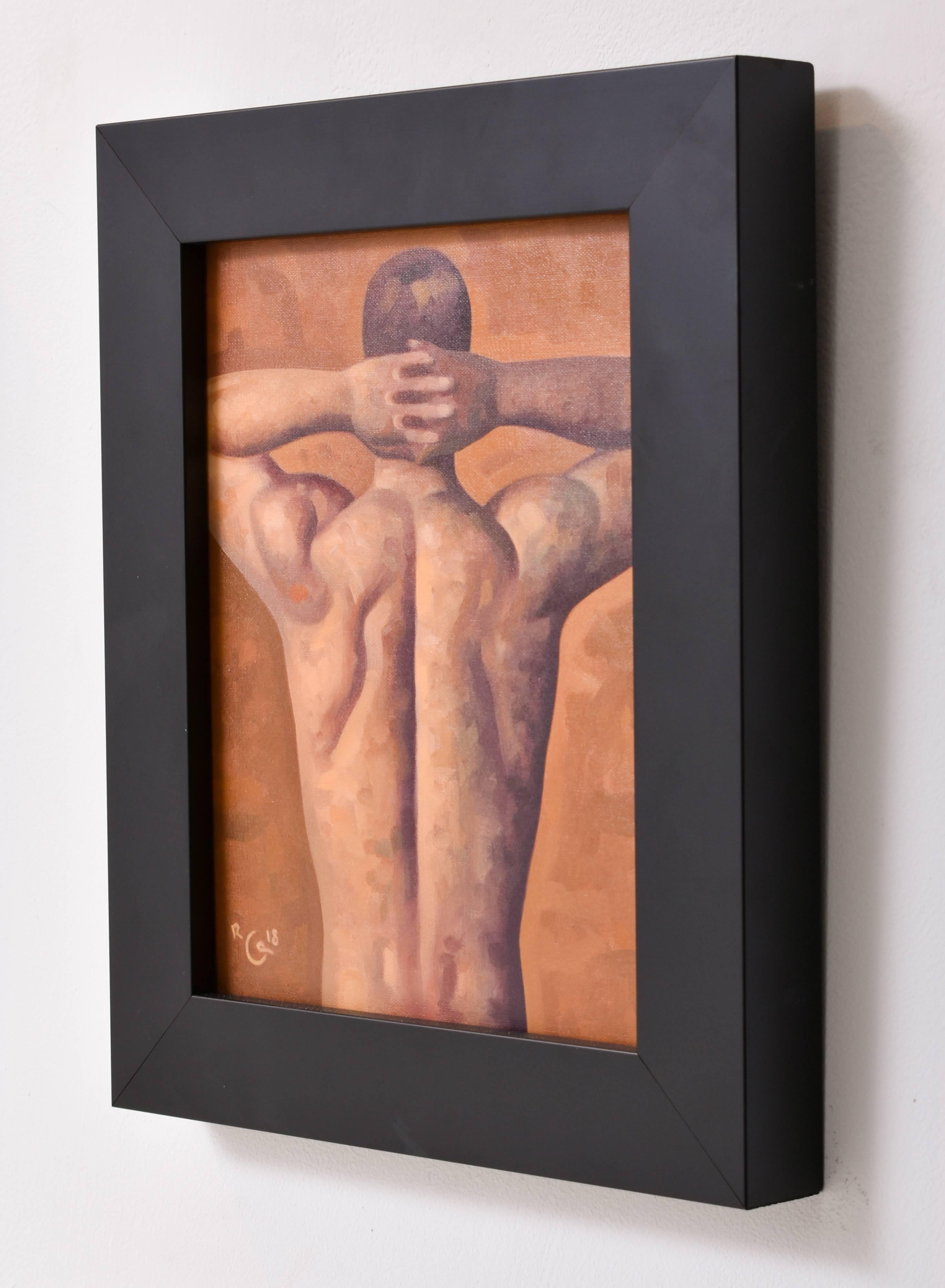 Anatomy Study 37 (Small Figurative Painting of Muscular Male Nude on Brown) 1
