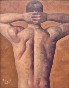 Anatomy Study 37 (Small Figurative Painting of Muscular Male Nude on Brown)