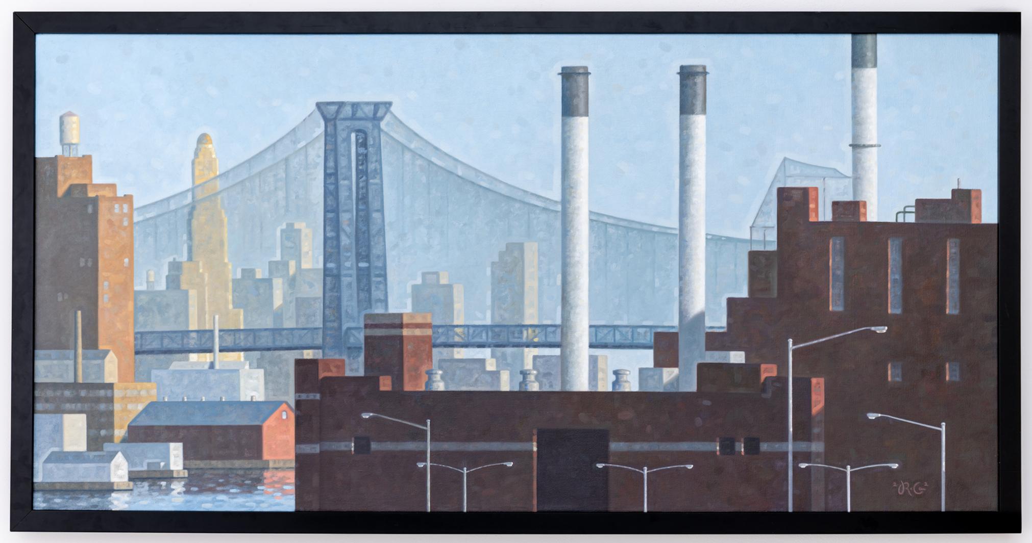 East River, Con Ed, Panorama (Stadtlandschaft von Brooklyn, Williamsburg Bridge) (Zeitgenössisch), Painting, von Robert Goldstrom