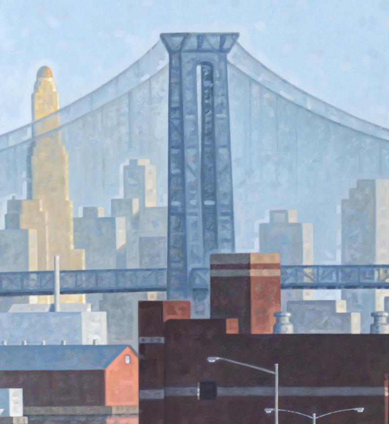 East River, Con Ed, Panorama (Cityscape of Brooklyn, Williamsburg Bridge) - Contemporary Painting by Robert Goldstrom