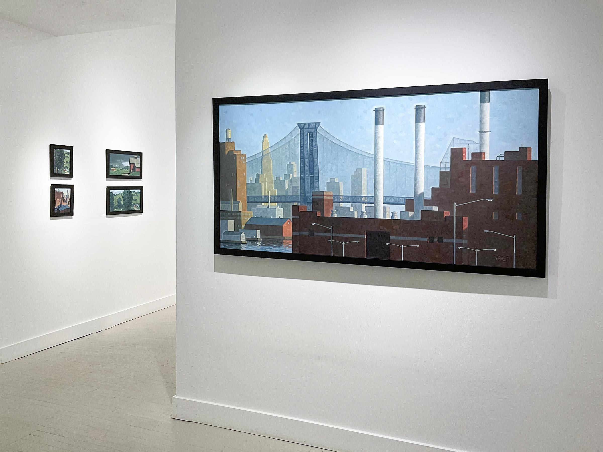 East River, Con Ed, Panorama
Savings Bank Tower Skyline in Brooklyn, NY Cultural District, Williamsburg Bridge
Painted by Robert Goldstrom in 2022, 10 x 8 inches, 12.5 x 10.5 inches framed in 
black wood frame

Robert Goldstrom, long time Brooklyn