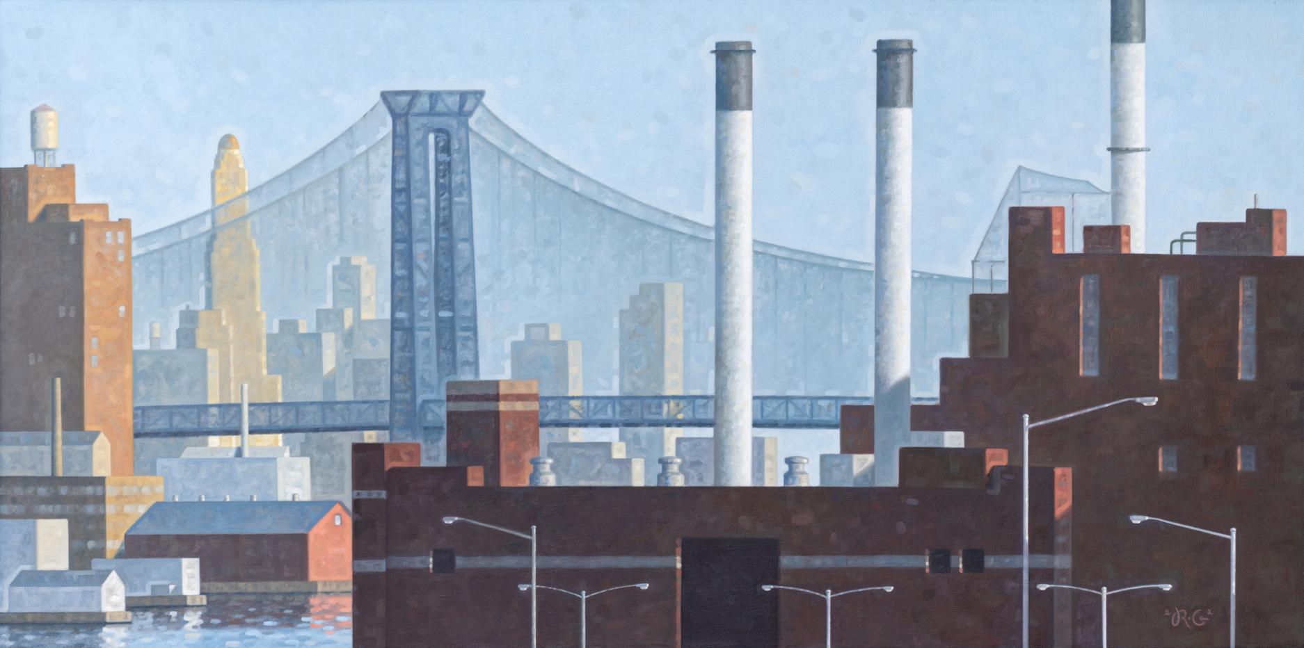 East River, Con Ed, Panorama (Cityscape of Brooklyn, Williamsburg Bridge) - Painting by Robert Goldstrom