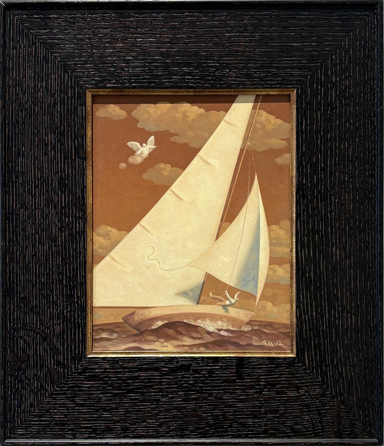 Golden Angel 1, Étude (peinture à l'huile en tons sépia d'un voilier et d'un personnage) - Contemporain Painting par Robert Goldstrom