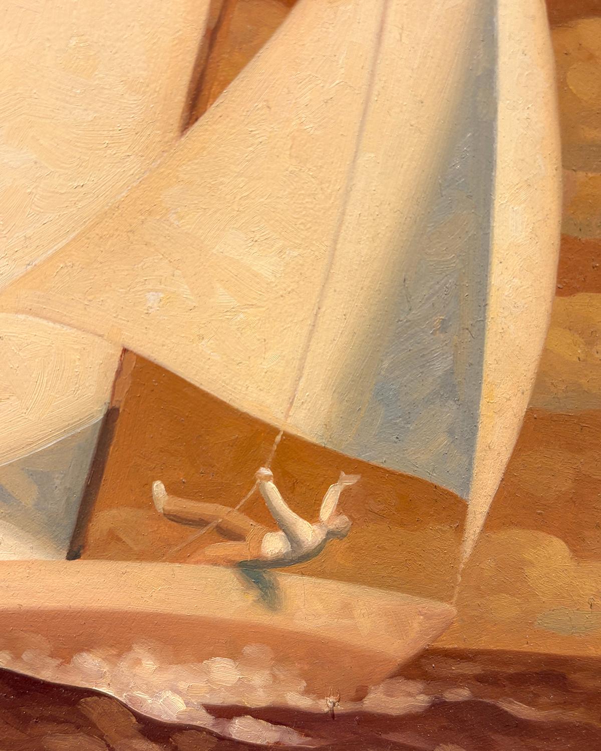 Golden Angel 1, Study (peinture à l'huile en tons sépia d'un voilier et d'un personnage) par Robert Goldstrom
10 x 8 pouces, huile sur panneau bercé

Cette peinture à l'huile originale et contemporaine de Robert Goldstrom est une charmante vue