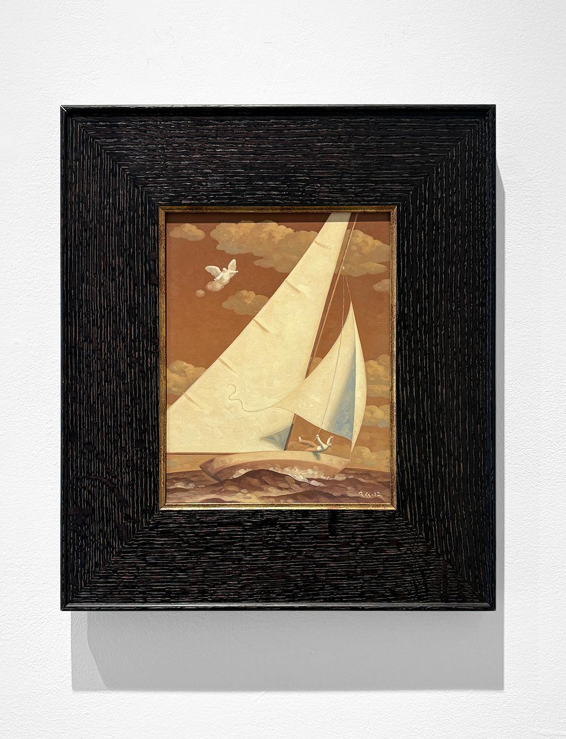 Golden Angel 1, Étude (peinture à l'huile en tons sépia d'un voilier et d'un personnage) en vente 3