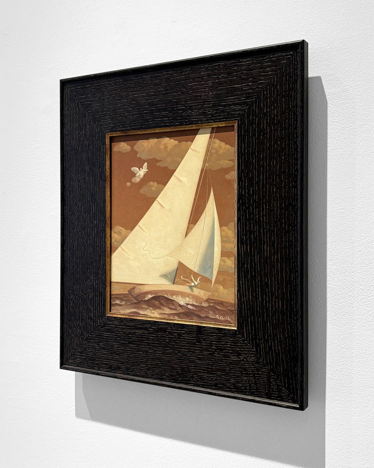 Golden Angel 1, Étude (peinture à l'huile en tons sépia d'un voilier et d'un personnage) en vente 4