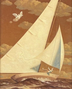 Golden Angel 1, Étude (peinture à l'huile en tons sépia d'un voilier et d'un personnage)