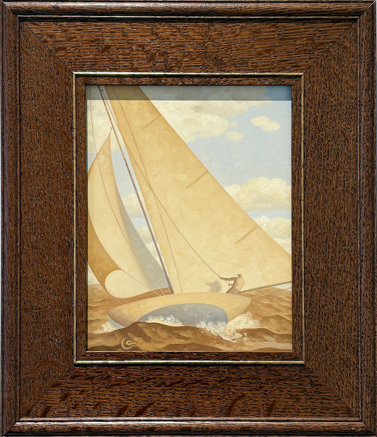 Golden Sail 12, Study (peinture à l'huile en tons sépia d'un voilier et d'un personnage) - Contemporain Painting par Robert Goldstrom