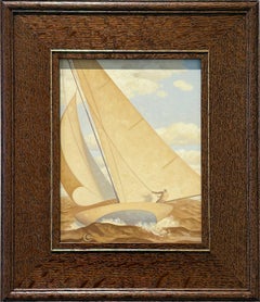 Golden Sail 12, Study (peinture à l'huile en tons sépia d'un voilier et d'un personnage)