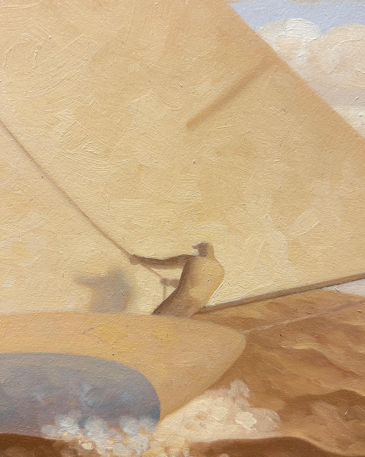 Golden Sail 12, Study (peinture à l'huile en tons sépia d'un voilier et d'un personnage) par Robert Goldstrom
10 x 8 pouces, huile sur panneau bercé

Cette peinture à l'huile originale et contemporaine de Robert Goldstrom est une charmante vue