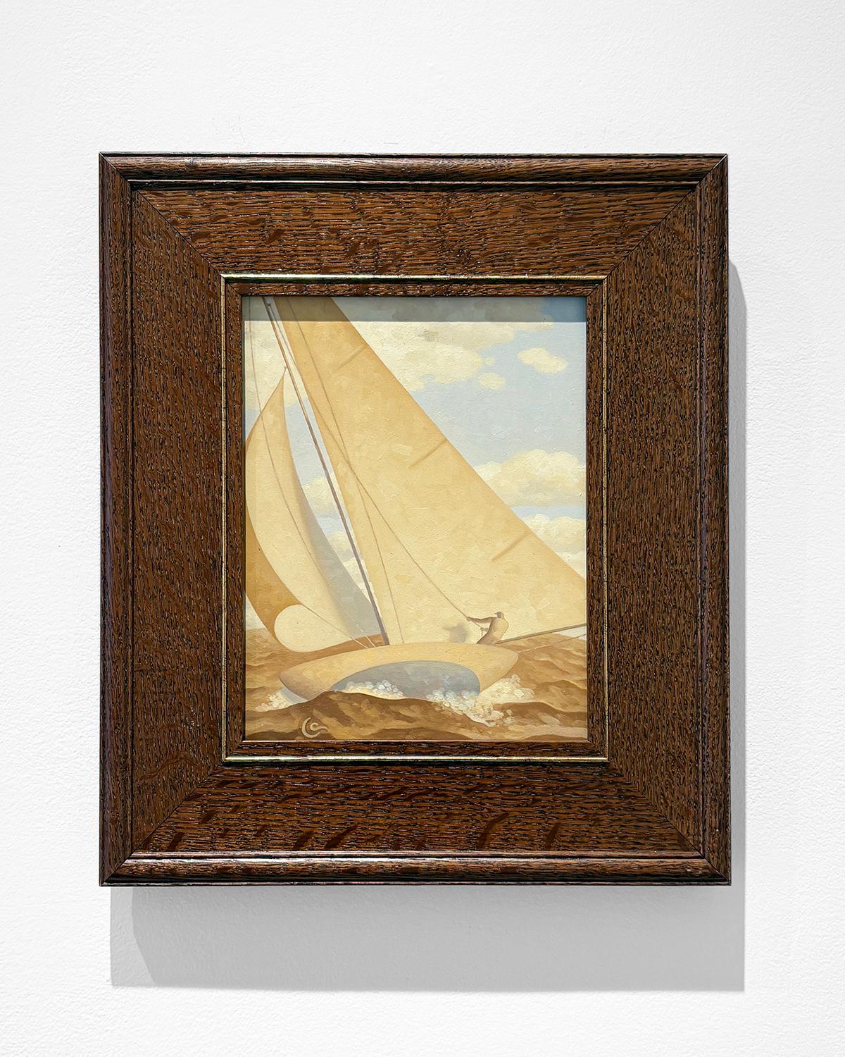 Golden Sail 12, Study (peinture à l'huile en tons sépia d'un voilier et d'un personnage) en vente 3