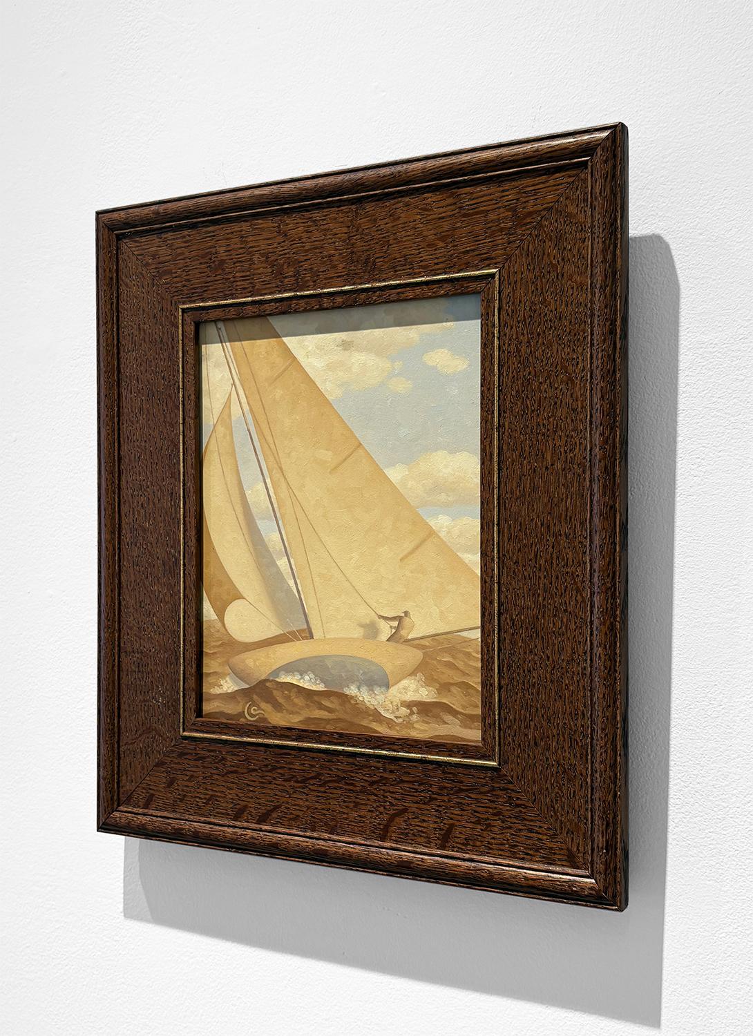 Golden Sail 12, Study (peinture à l'huile en tons sépia d'un voilier et d'un personnage) en vente 4