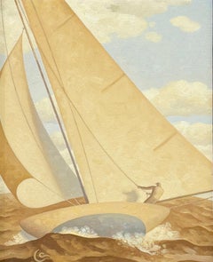 Golden Sail 12, Study (peinture à l'huile en tons sépia d'un voilier et d'un personnage)