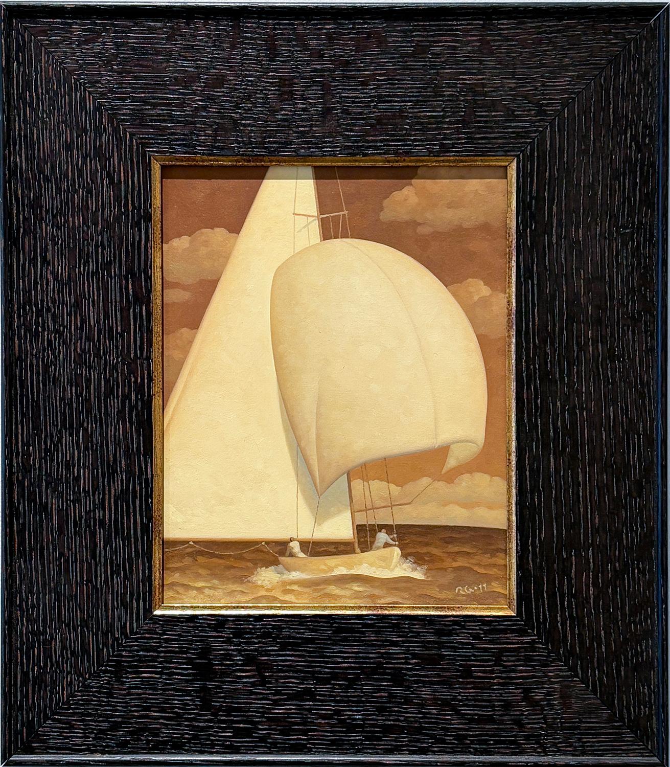 Golden Sail 13, Study (peinture à l'huile en tons sépia d'un voilier et d'un personnage) - Painting de Robert Goldstrom
