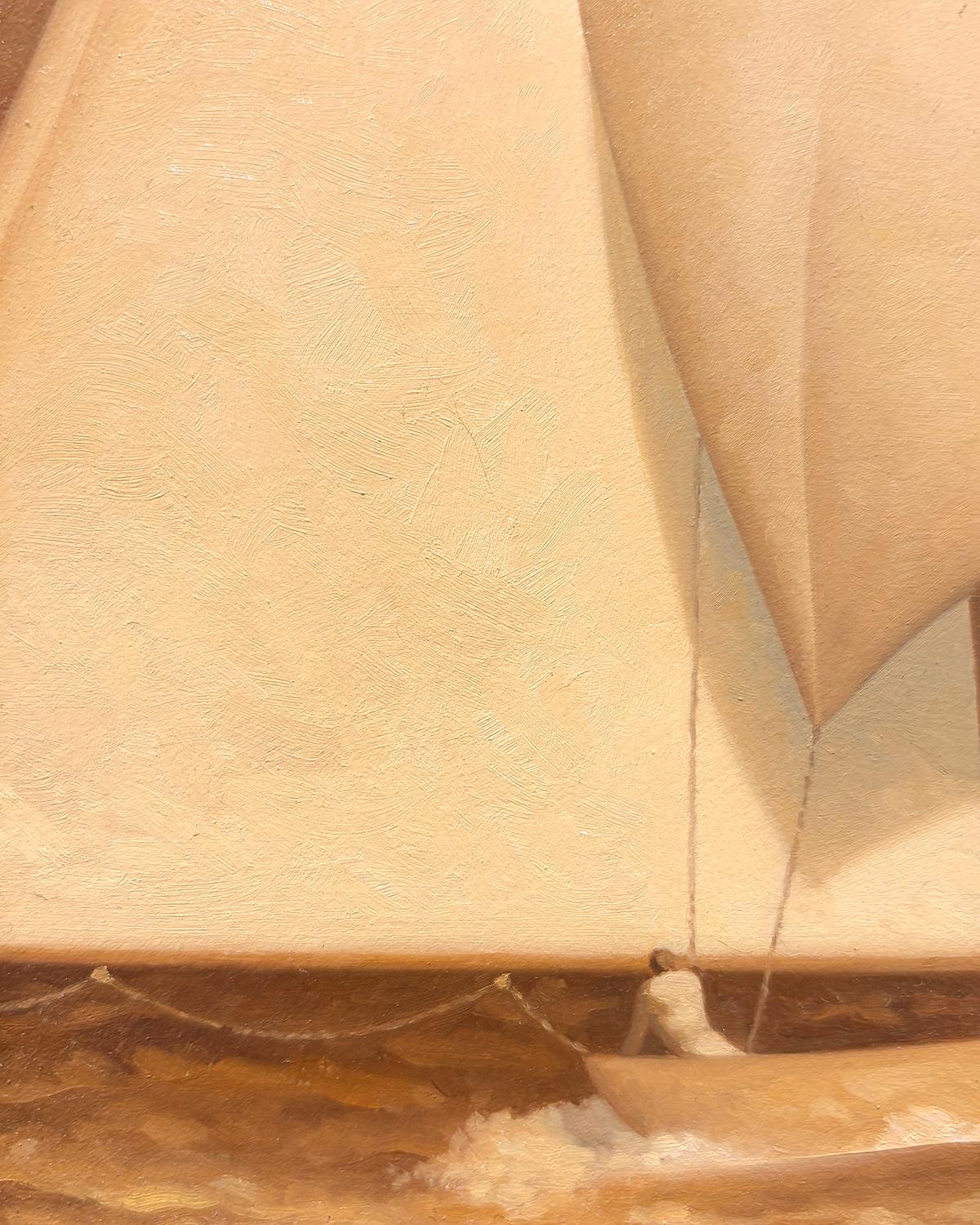 Golden Sail 13, Study (peinture à l'huile en tons sépia d'un voilier et d'un personnage) - Contemporain Painting par Robert Goldstrom