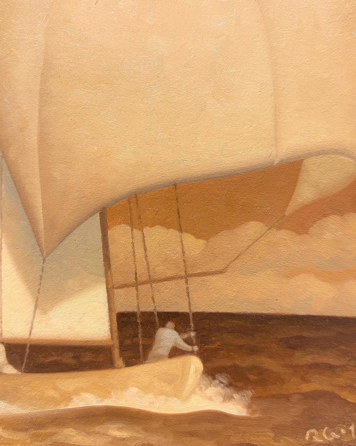 Golden Sail 13, Study (peinture à l'huile en tons sépia d'un voilier et d'un personnage) - Beige Landscape Painting par Robert Goldstrom