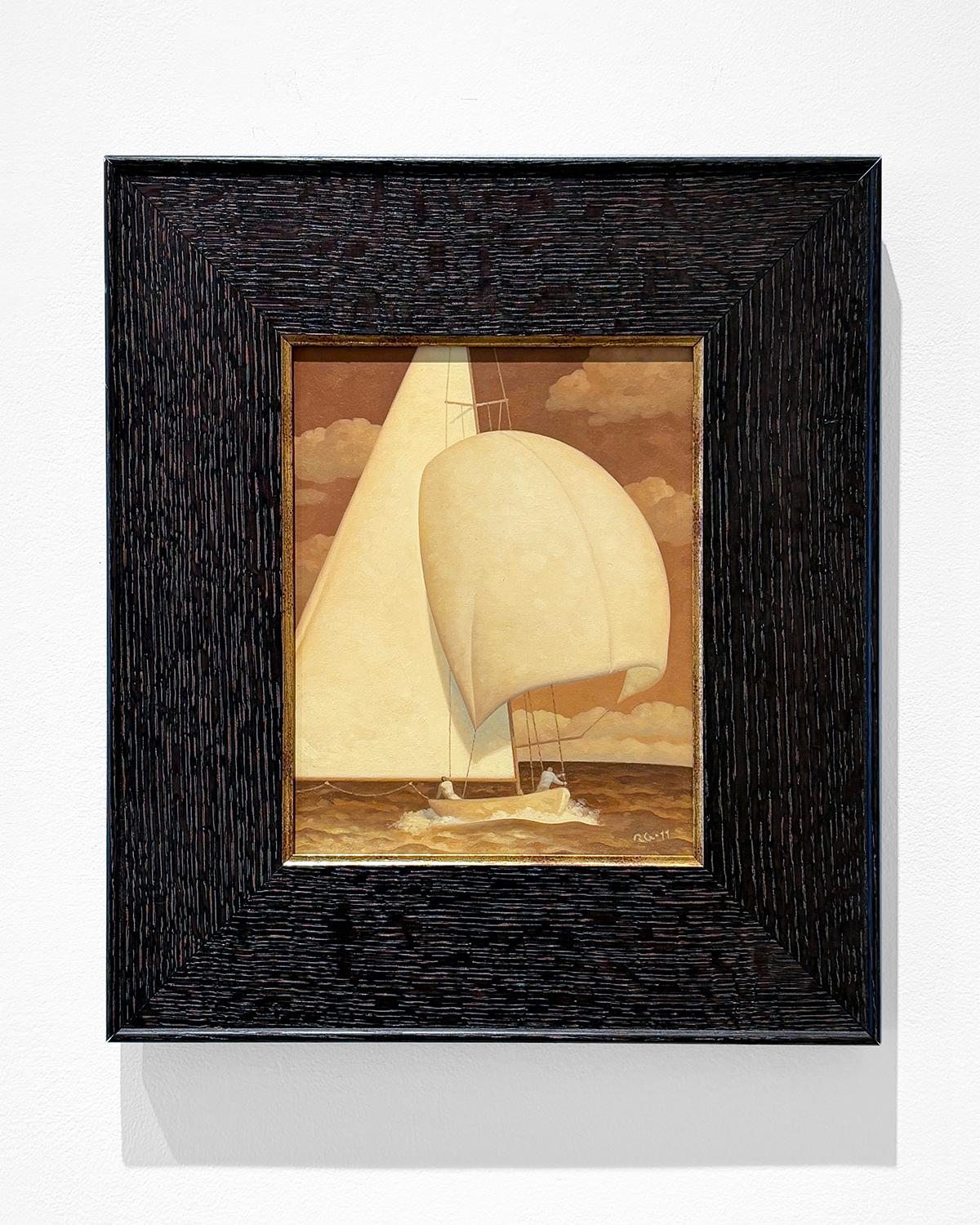 Golden Sail 13, Study (peinture à l'huile en tons sépia d'un voilier et d'un personnage) en vente 1