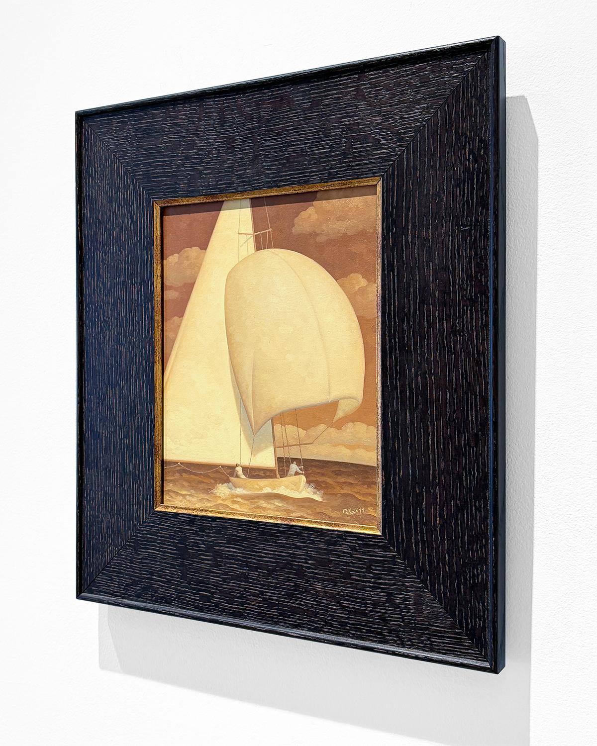Golden Sail 13, Study (peinture à l'huile en tons sépia d'un voilier et d'un personnage) en vente 2