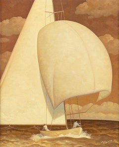 Golden Sail 13, Study (peinture à l'huile en tons sépia d'un voilier et d'un personnage)