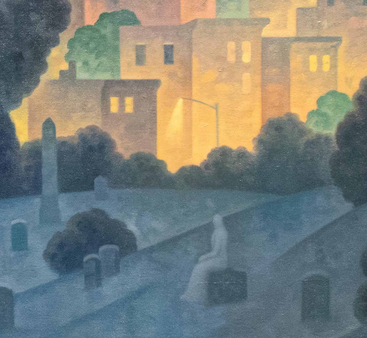 Tableau en bois vert, panorama nocturne (peinture à l'huile du cimetière de Brooklyn, ligne de l'horizon de New York) en vente 3