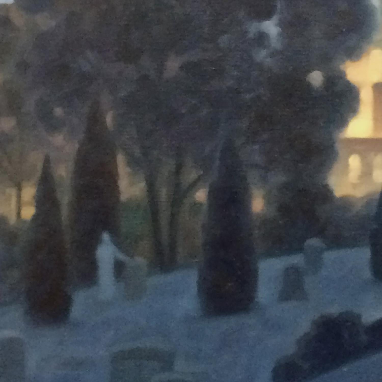 Tableau en bois vert, panorama nocturne (peinture à l'huile du cimetière de Brooklyn, ligne de l'horizon de New York) - Post-impressionnisme Painting par Robert Goldstrom