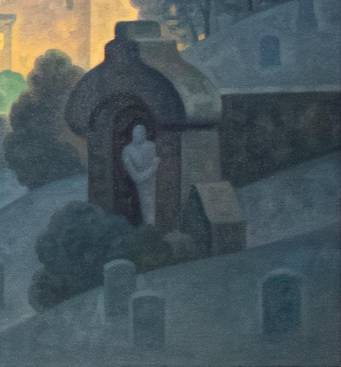 Tableau en bois vert, panorama nocturne (peinture à l'huile du cimetière de Brooklyn, ligne de l'horizon de New York) - Noir Still-Life Painting par Robert Goldstrom