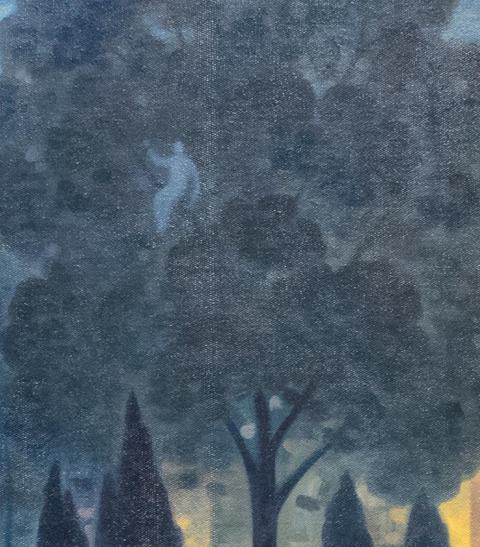 Iconico paesaggio urbano dipinto a olio su tela del cimitero di Brooklyn Greene Wood e dello skyline di Manhattan con la Statua della Libertà dipinta all'orizzonte
Dipinto da Robert Goldstrom nel 2019
36 x 72 pollici, Olio su lino
38 x 74 x 2