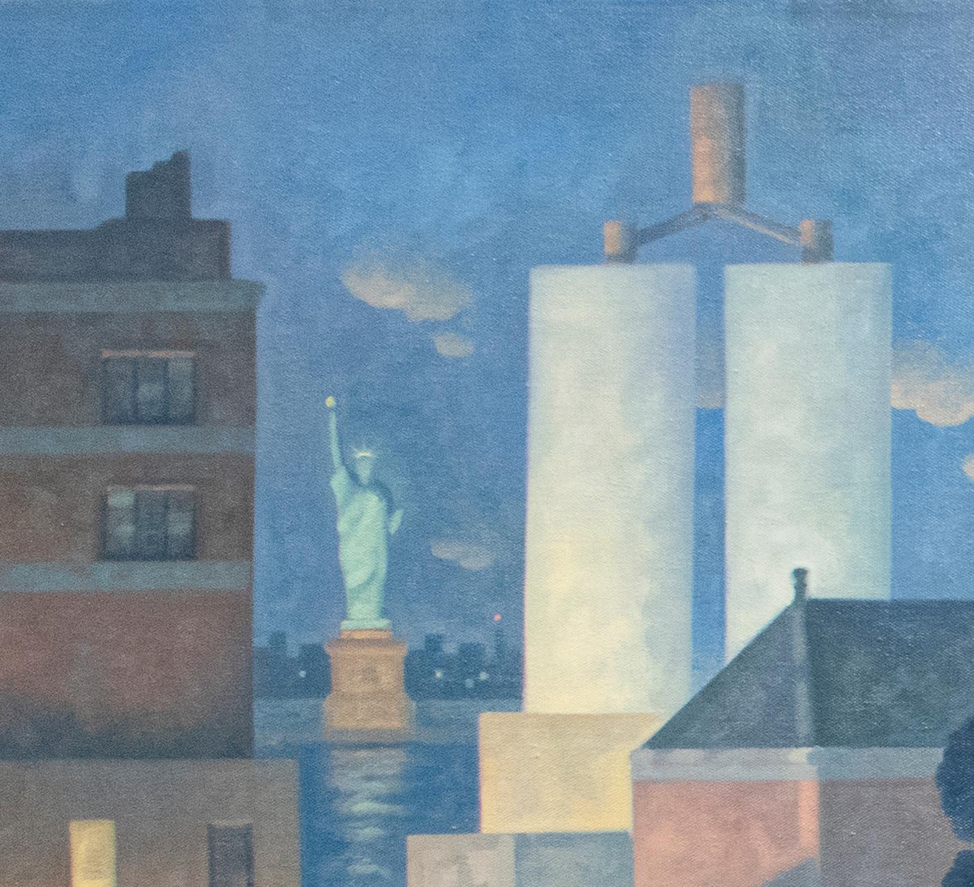 Iconic cityscape oil painting on canvas of Brooklyn's Green Wood Cemetery and Manhattan Skyline and Statue of Liberty painted on the horizon
Painted by Robert Goldstrom in 2019
36 x 72 inches, Oil on linen
38 x 74 x 2 inches framed (black wood