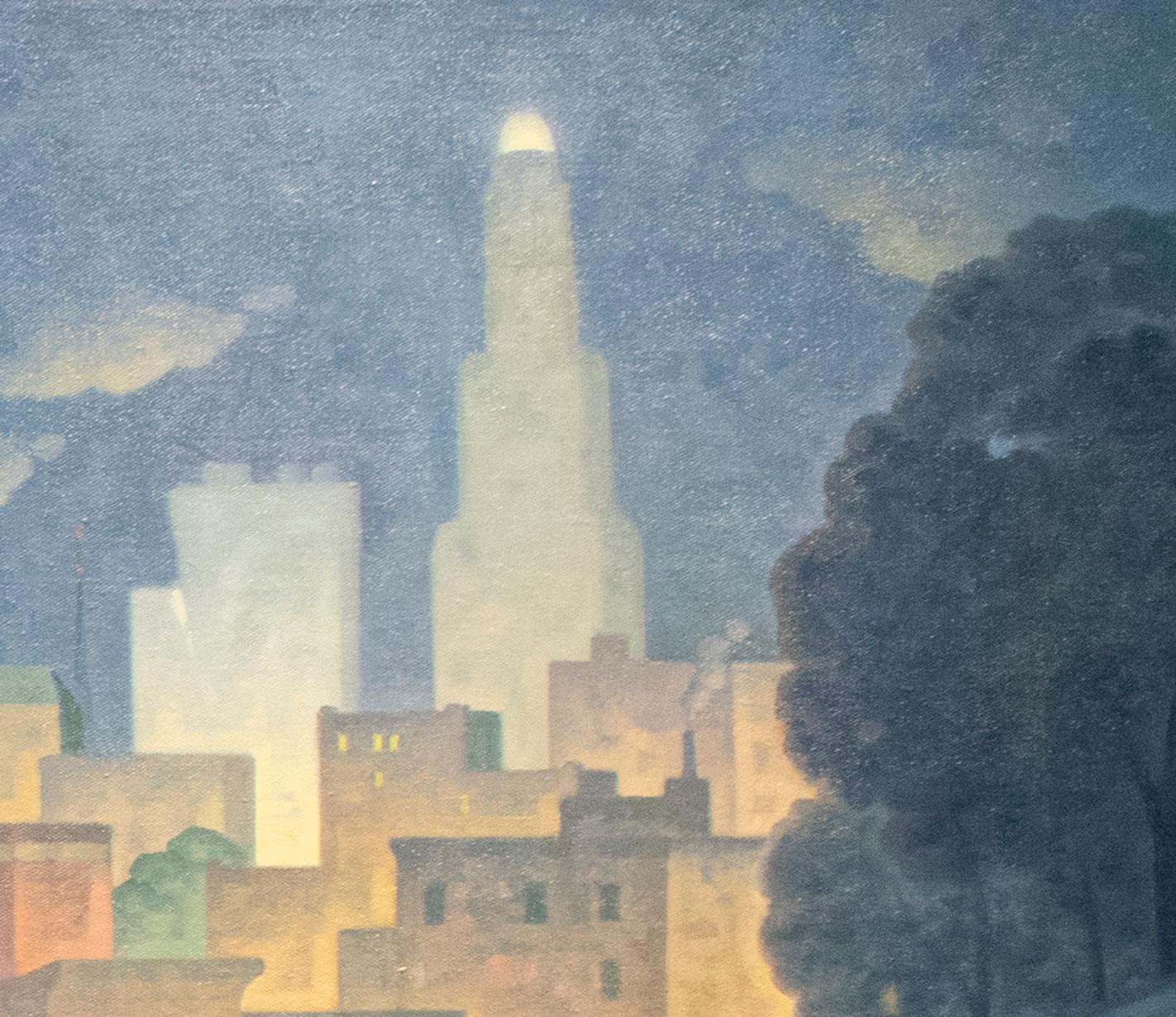 Tableau en bois vert, panorama nocturne (peinture à l'huile du cimetière de Brooklyn, ligne de l'horizon de New York) en vente 2