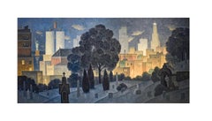 Tableau en bois vert, panorama nocturne (peinture à l'huile du cimetière de Brooklyn, ligne de l'horizon de New York)