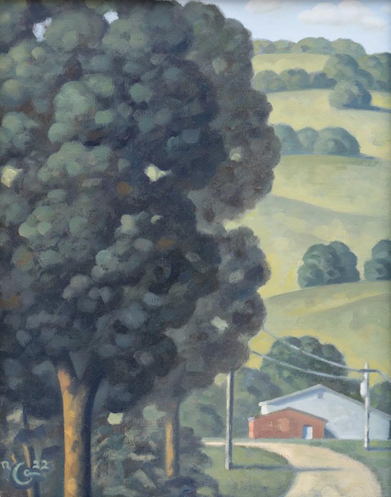 Landscape Painting Robert Goldstrom - Fermes Morningstar, Étude ( Paysage rural contemporain, Barns & Power Lines)