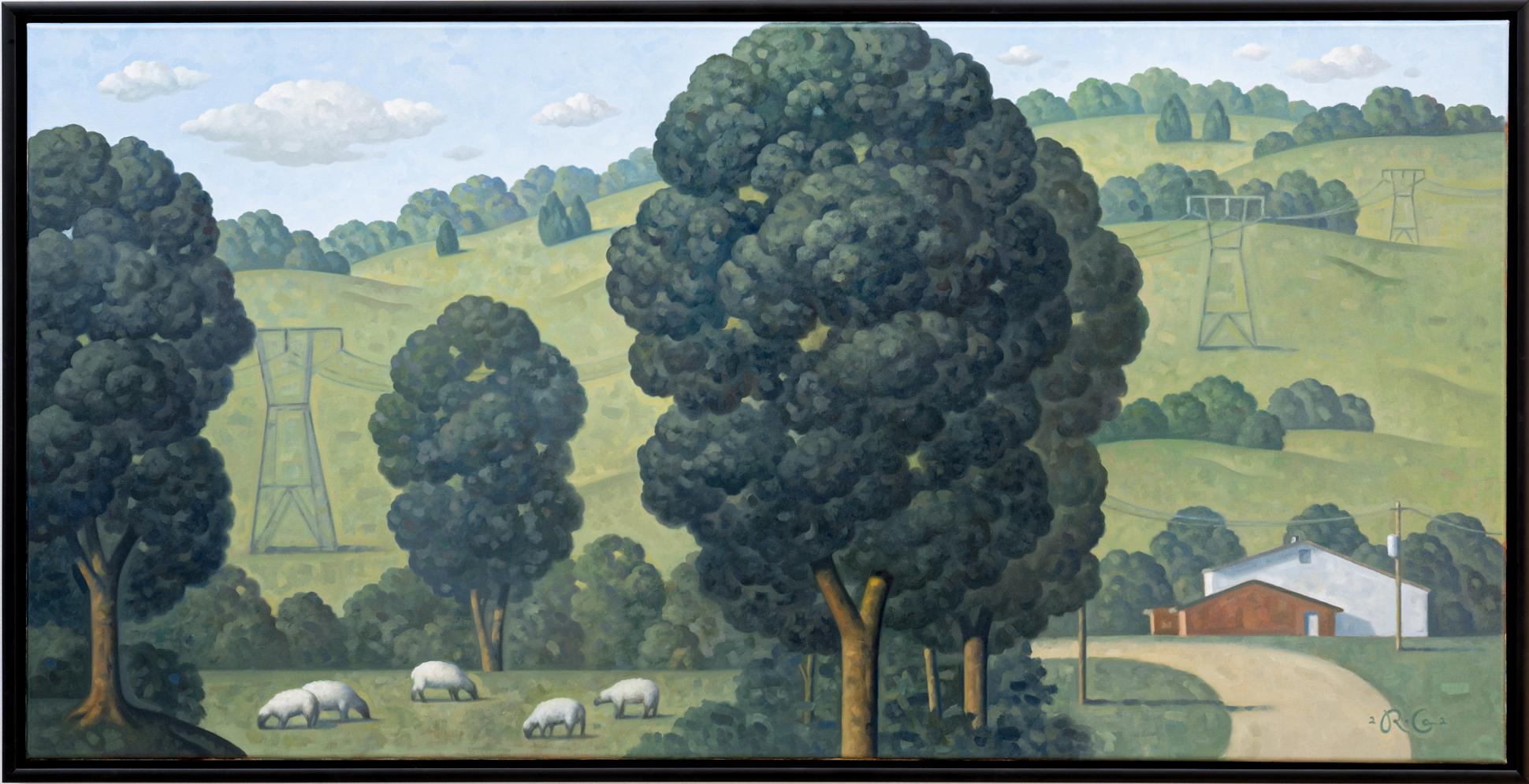 Morningstar Panorama: Large Contemporary Landscape of Sheep and Red Barns - Painting by Robert Goldstrom