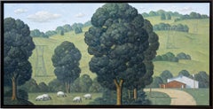 Morningstar Panorama: Large Contemporary Landscape of Sheep and Red Barns
