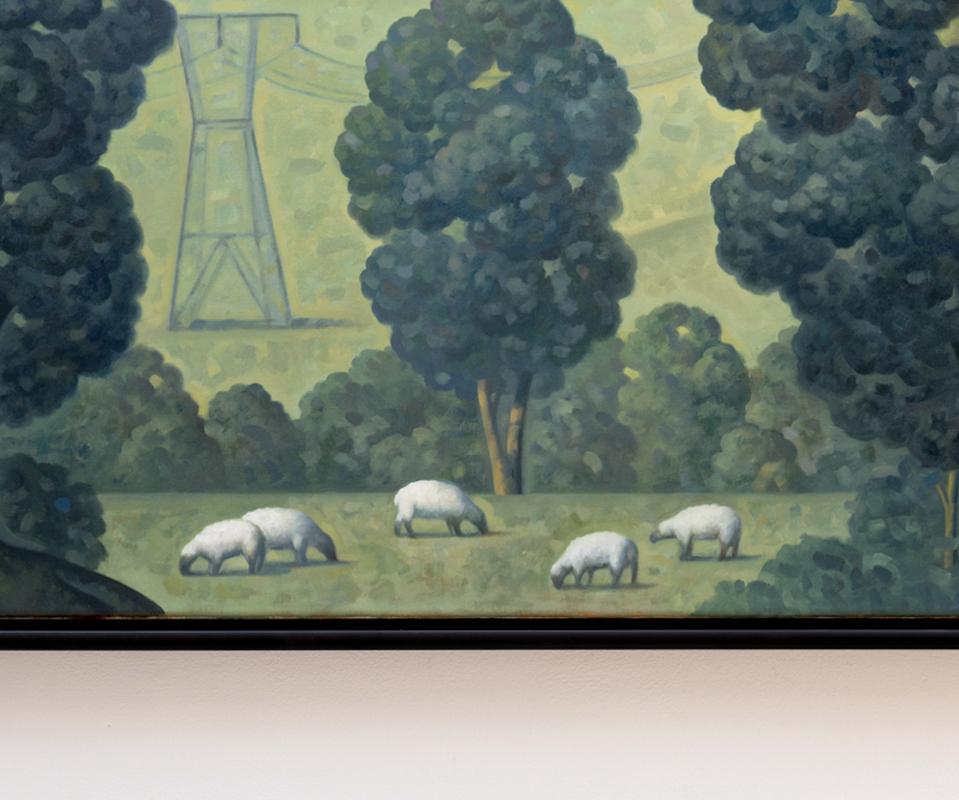 Morningstar Panorama 
Large Contemporary Oil Painting of Rural Landscape with Sheep Grazing and Red Barns
Painted by Robert Goldstrom in 2022, 24 x 48 inches, 25 x 49 inches framed in contemporary black wood floater frame 

Robert Goldstrom paints