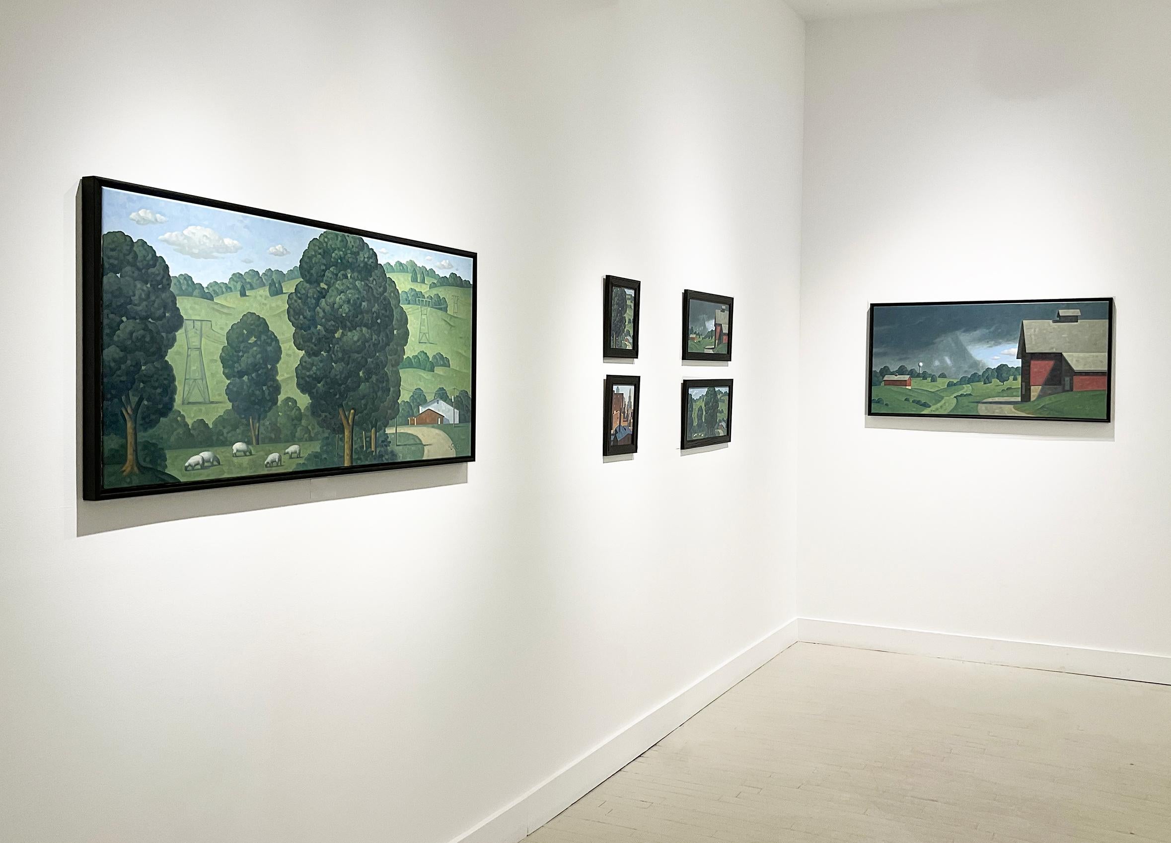 Morningstar Panorama: Large Contemporary Landscape of Sheep and Red Barns 2