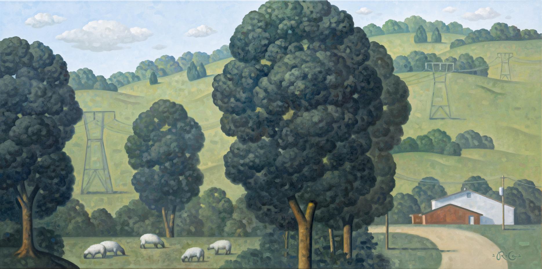 Robert Goldstrom Landscape Painting - Morningstar Panorama: Large Contemporary Landscape of Sheep and Red Barns