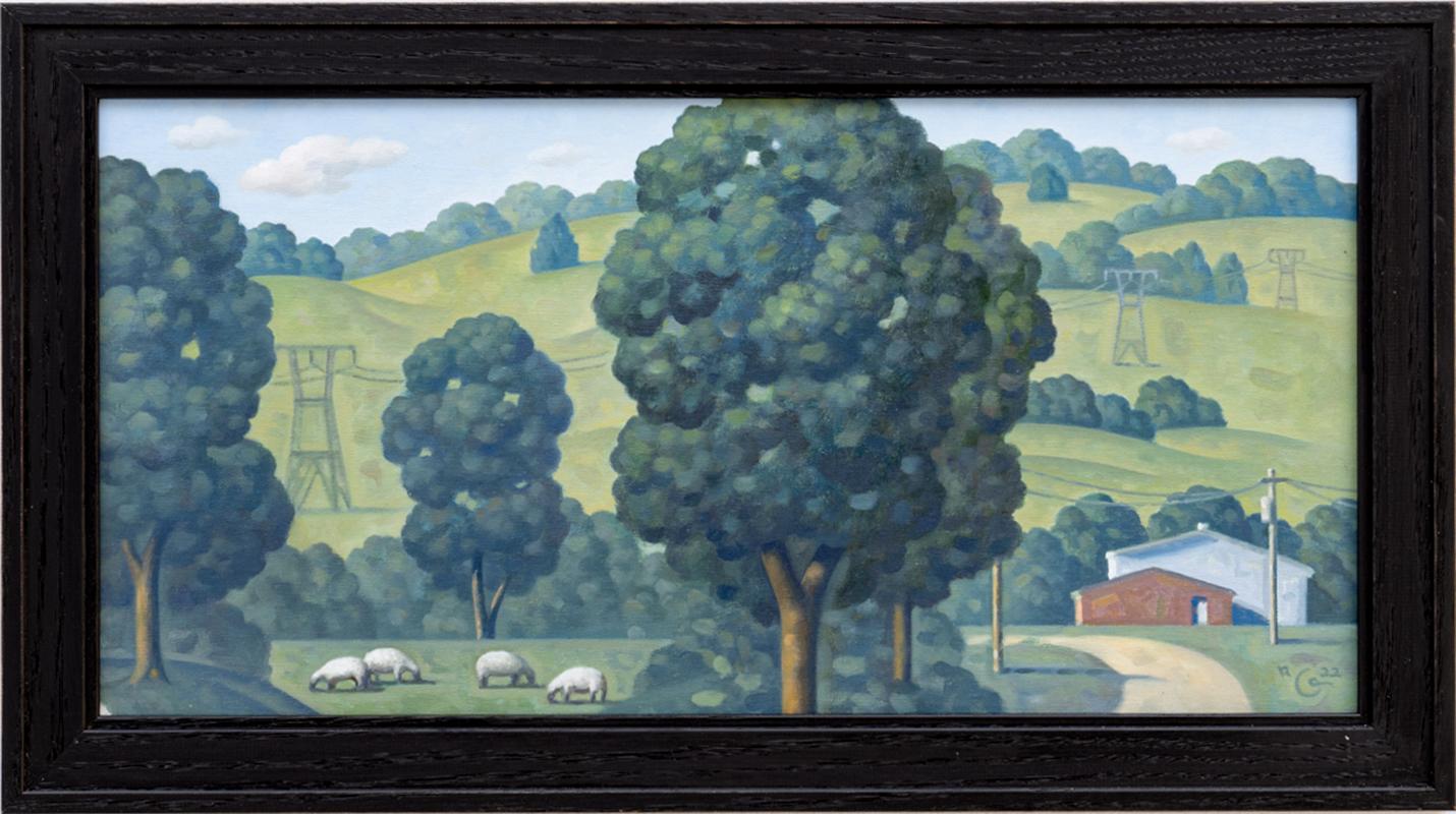 Morningstar Panorama (étude) Paysage contemporain de moutons et de granges rouges - Painting de Robert Goldstrom