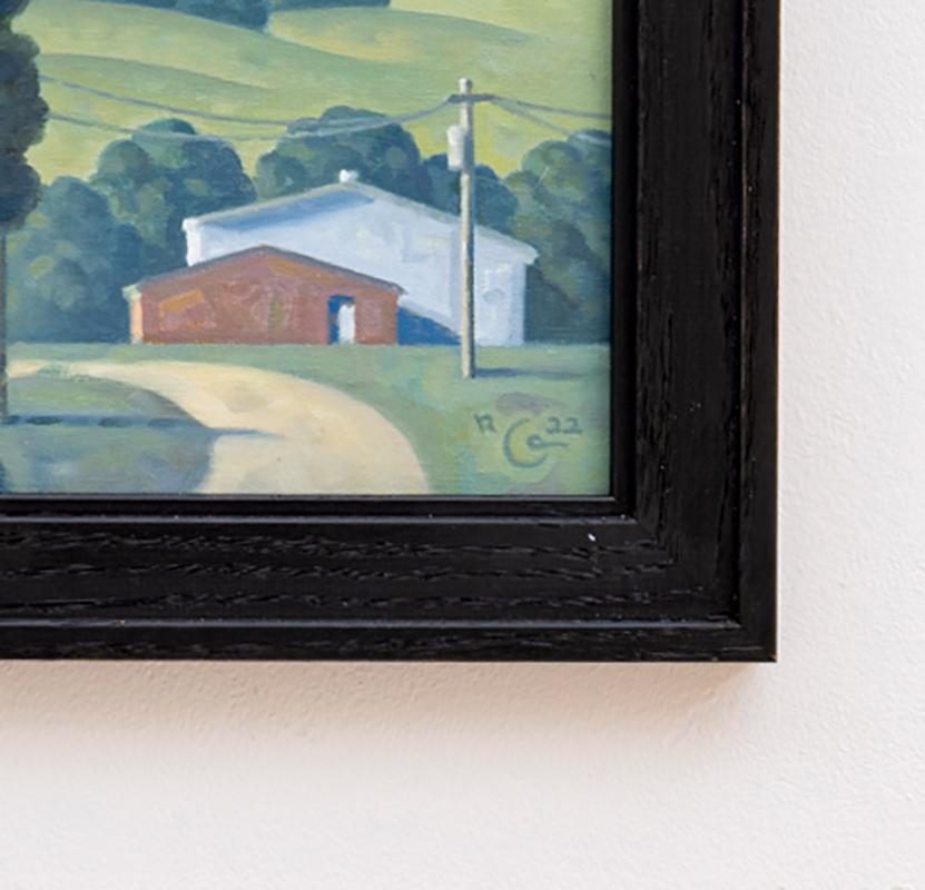 Panorama Morningstar (étude)
Peinture à l'huile contemporaine d'un paysage rural avec moutons au pâturage et granges rouges
Peint par Robert Goldstrom en 2022, 10 x 20 pouces, 12.5 x 22.5 pouces encadré en
cadre en bois noir

Robert &New peint son