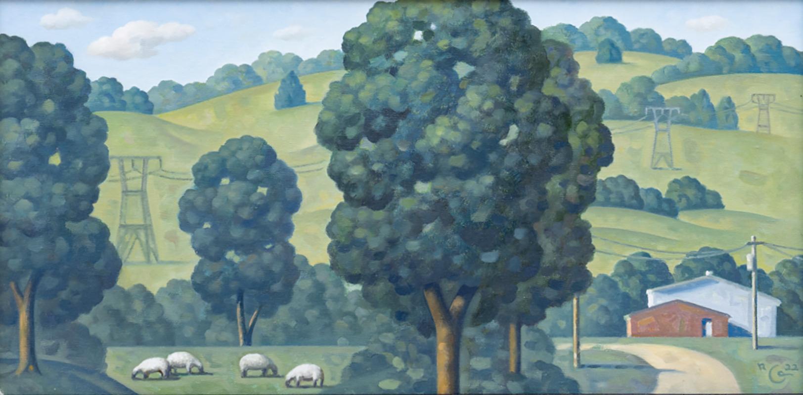 Landscape Painting Robert Goldstrom - Morningstar Panorama (étude) Paysage contemporain de moutons et de granges rouges