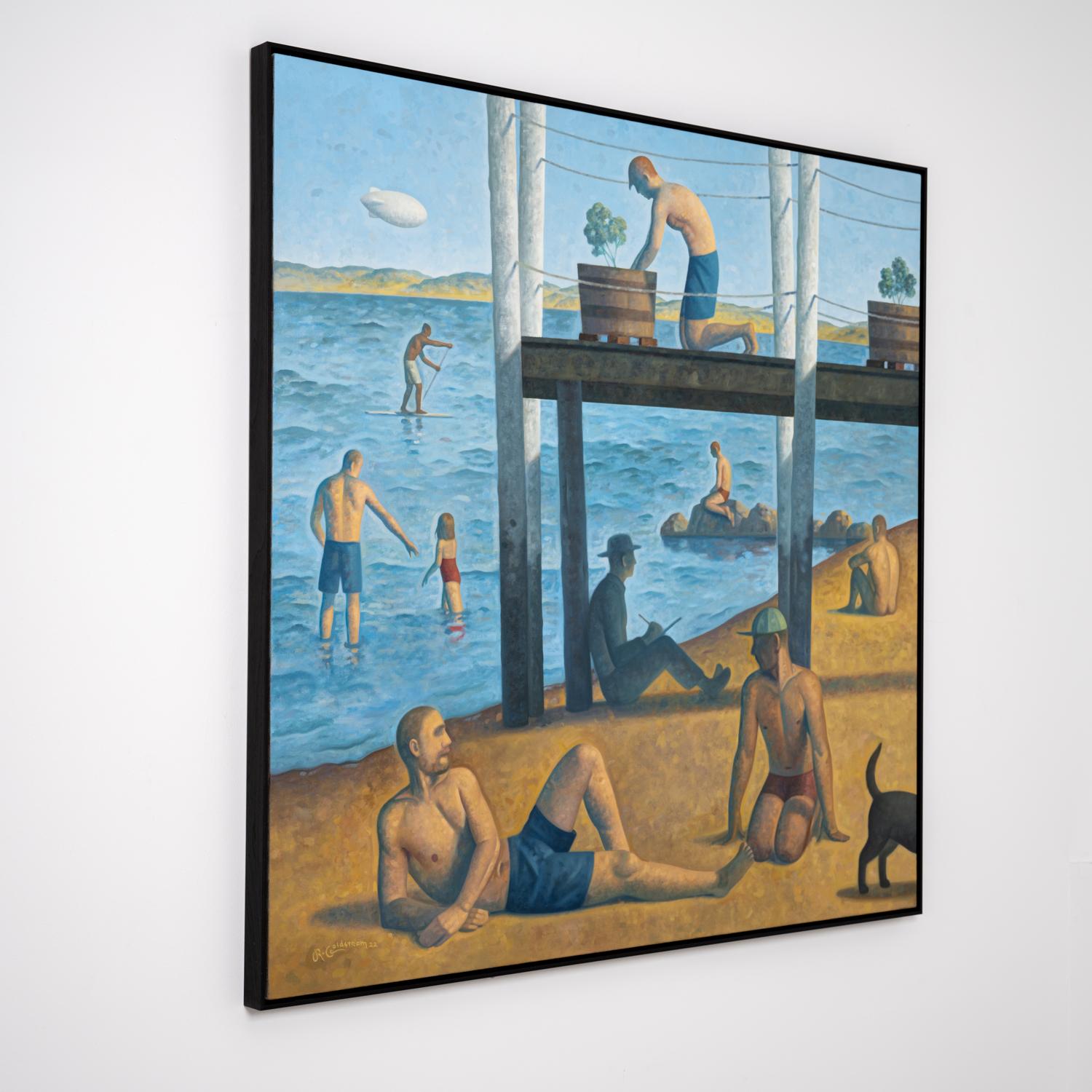 Landscape painting in the style of Pointillist painter, Georges Seurat, of figures lounging on a Provincetown, Cape Cod beach 
