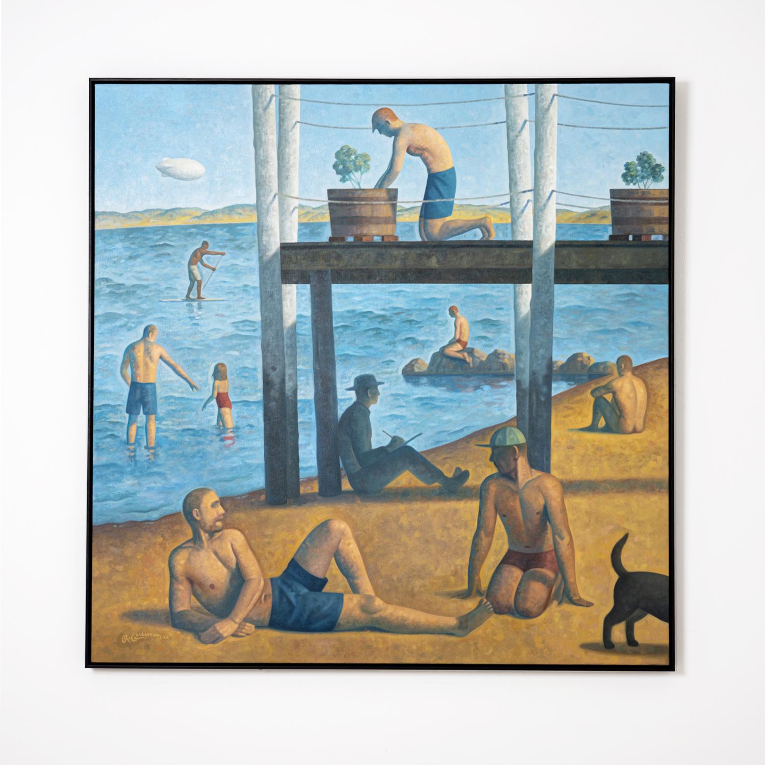 Peinture de paysage dans le style du peintre pointilliste Georges Seurat, représentant des personnages se prélassant sur une plage de Provincetown, Cape Cod 
