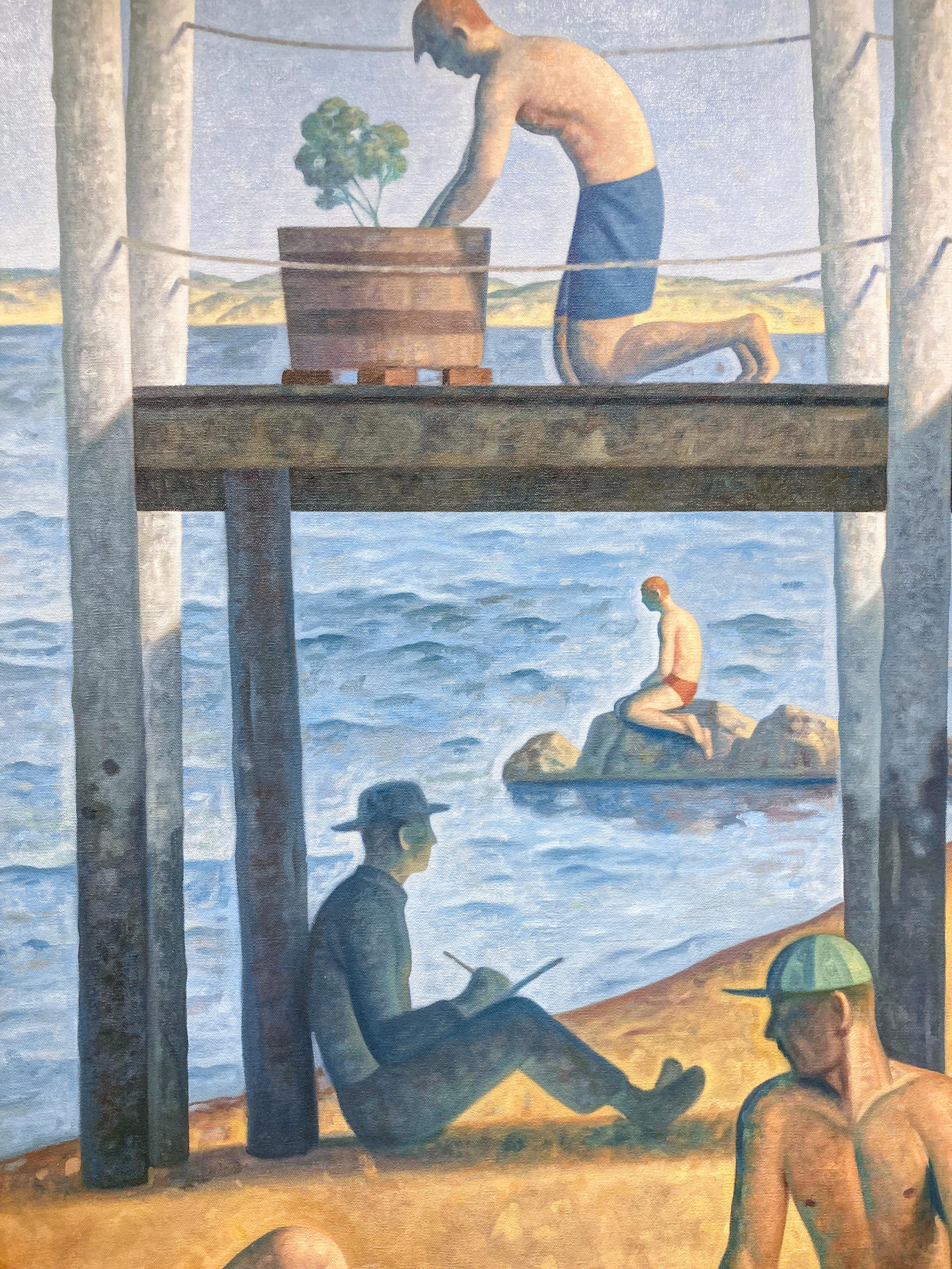 Provincetown Bay (peinture de paysage inspirée de la baie de Séurat représentant des personnages sur une plage) en vente 2