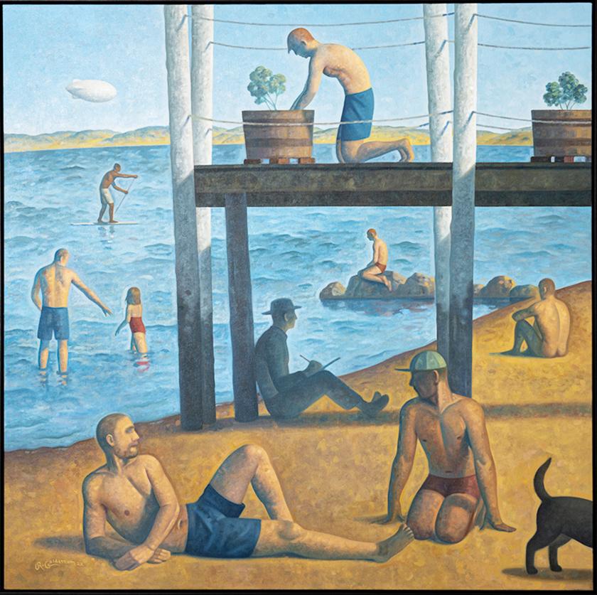 Landscape Painting Robert Goldstrom - Provincetown Bay (peinture de paysage inspirée de la baie de Séurat représentant des personnages sur une plage)