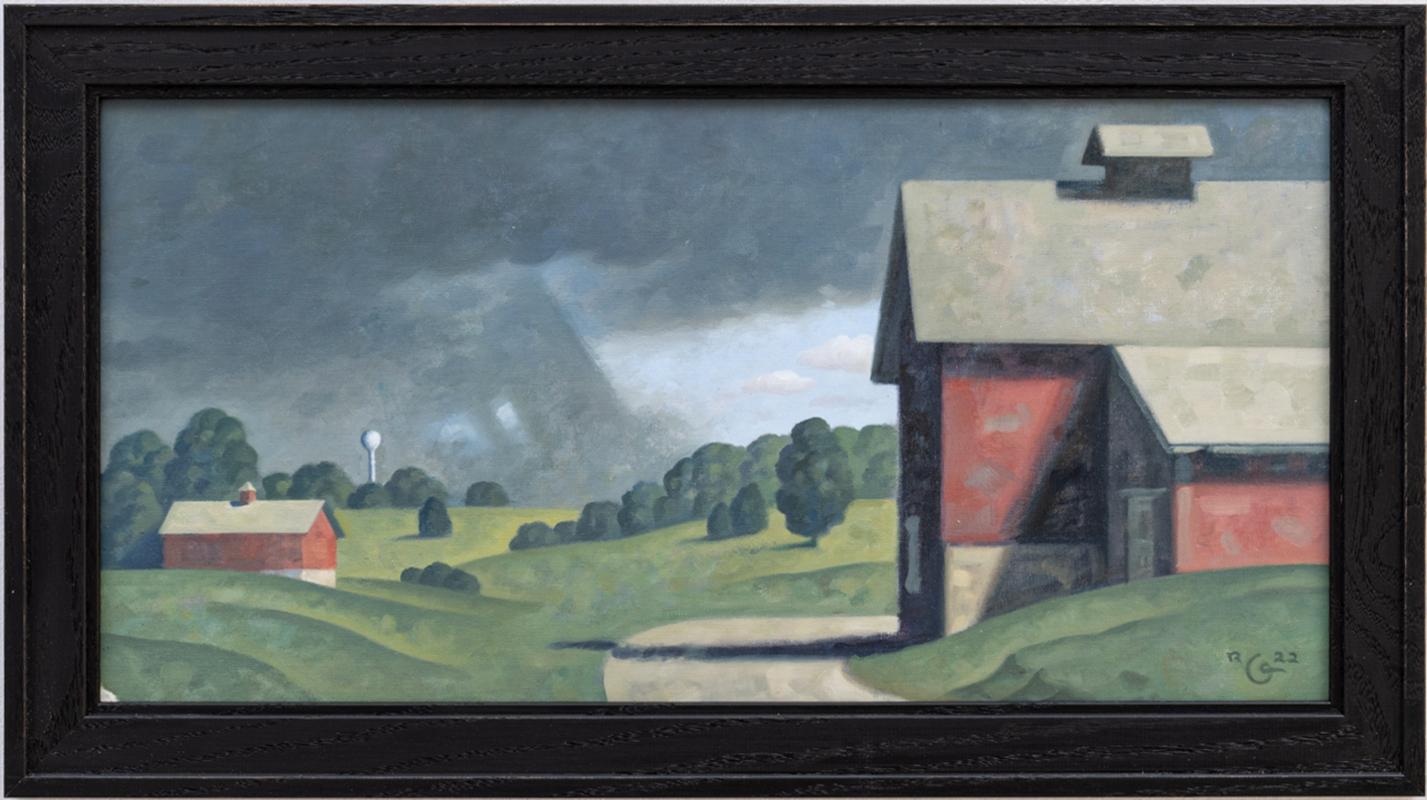 Red Barns, Cherry Valley (Study) Contemporary Landscape Panorama, Framed - Painting by Robert Goldstrom