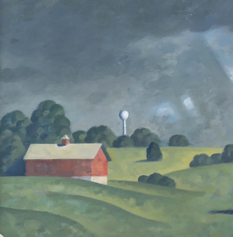 Red Barns, Cherry Valley (Studio)
Pittura a olio contemporanea di un paesaggio rurale con fienili rossi, una strada sterrata di campagna e una torre dell'acqua 
Dipinto da Robert Goldstrom nel 2022, 10 x 20 pollici, 12,5 x 22,5 pollici incorniciato
