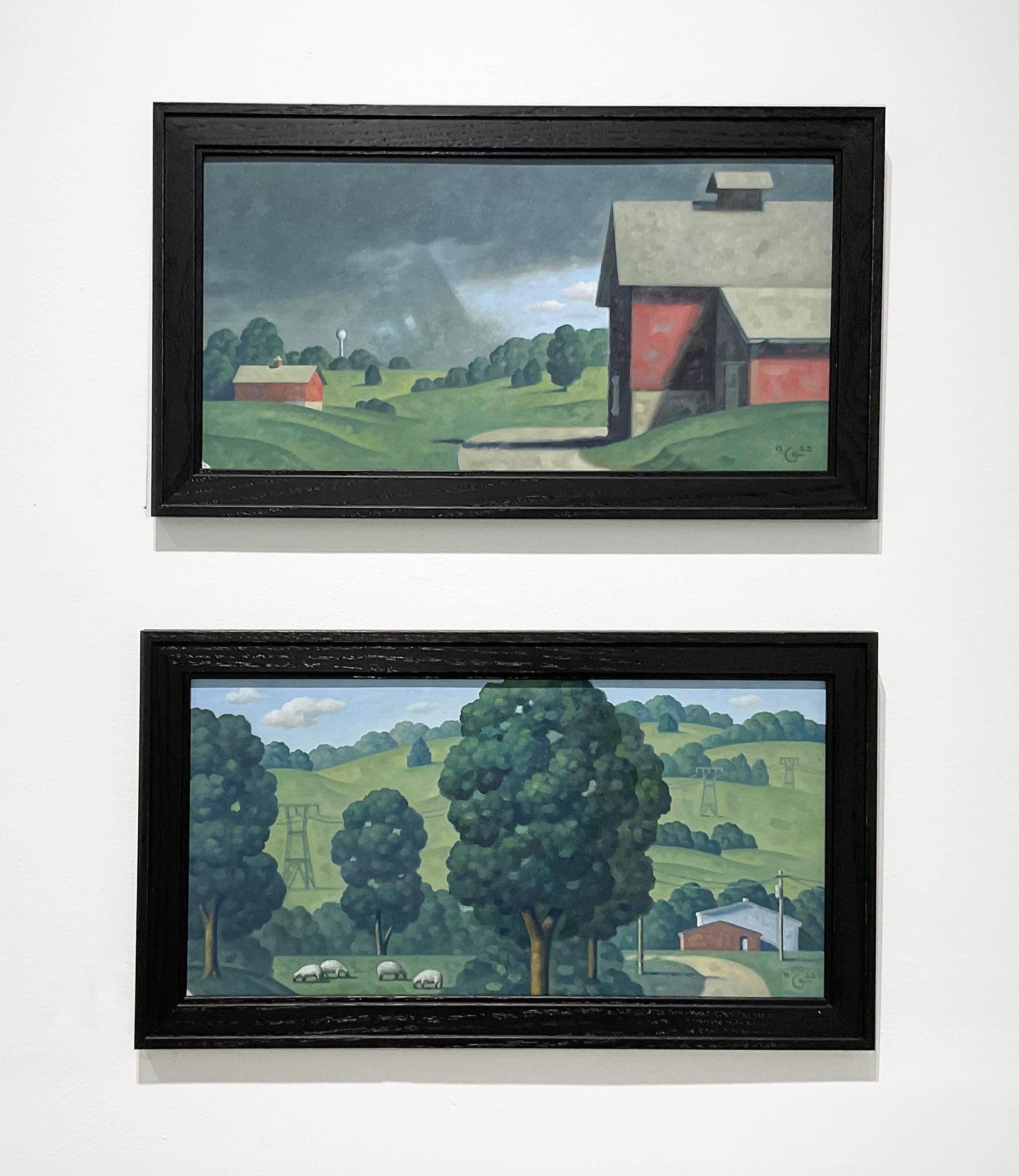 Red Barns, Cherry Valley (Study)
Contemporary Oil Painting of Rural Landscape with Bright Red Barns, a Country dirt road and Water Tower 
Painted by Robert Goldstrom in 2022, 10 x 20 inches, 12.5 x 22.5 inches framed in
black wood frame
(The artist